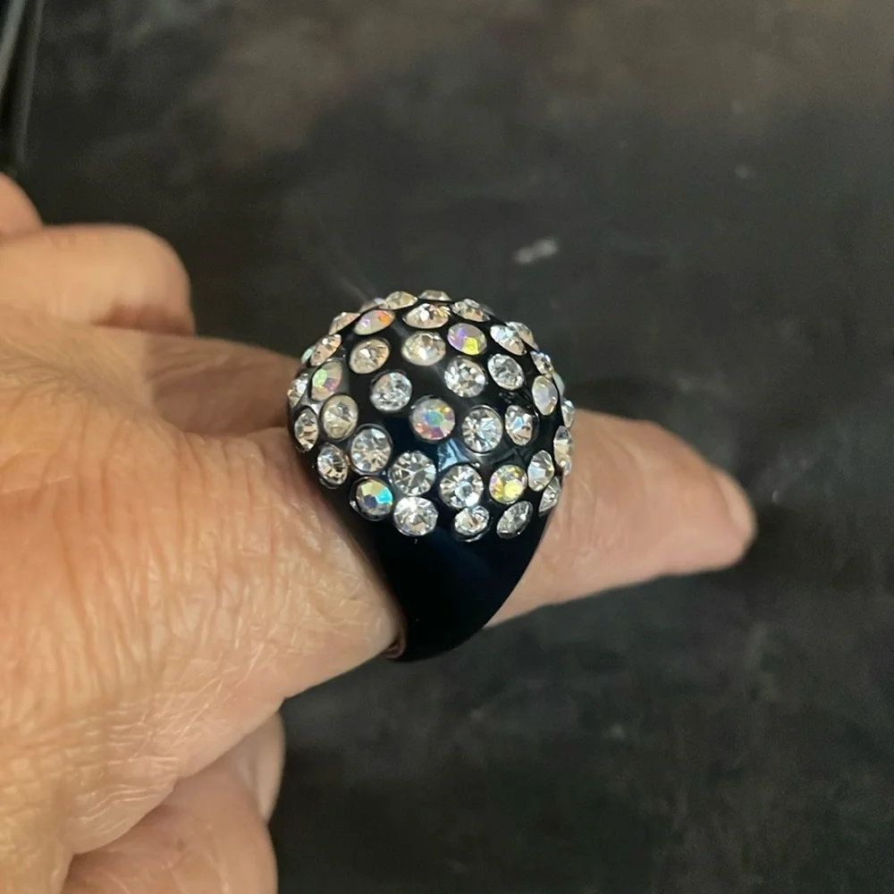 Vintage retro black lucite AB crystal dome ring